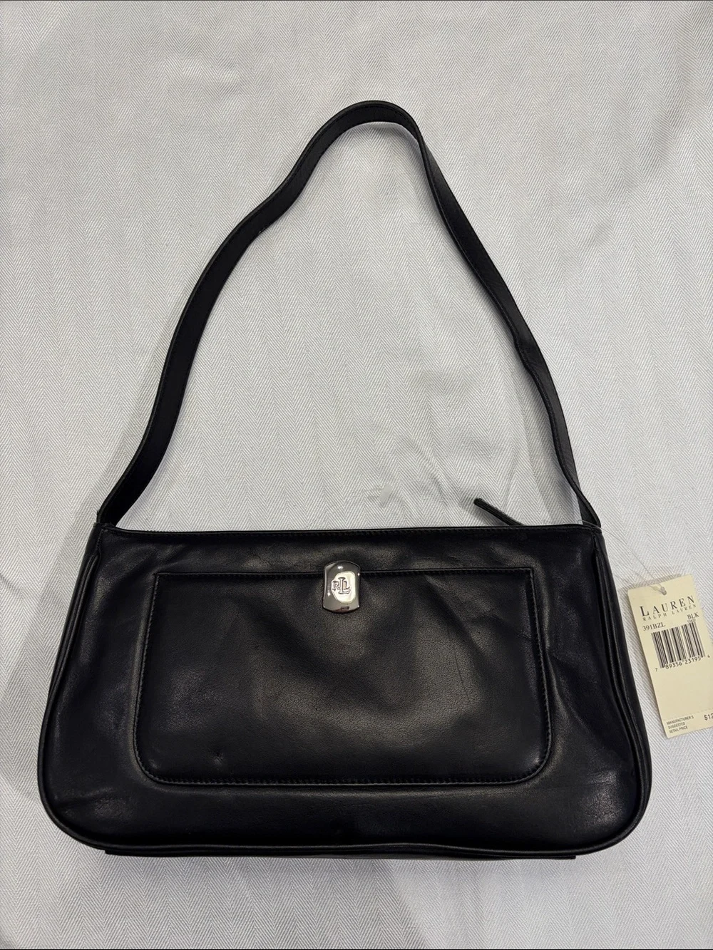 Lauren Ralph Lauren Black Leather Shoulder Bag with Front Pocket